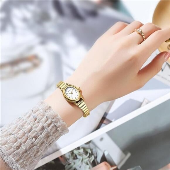 Gold Quartz Watch for Women Small Dial Stainless Steel Stretch Band Waterproof - Picture 5 of 7